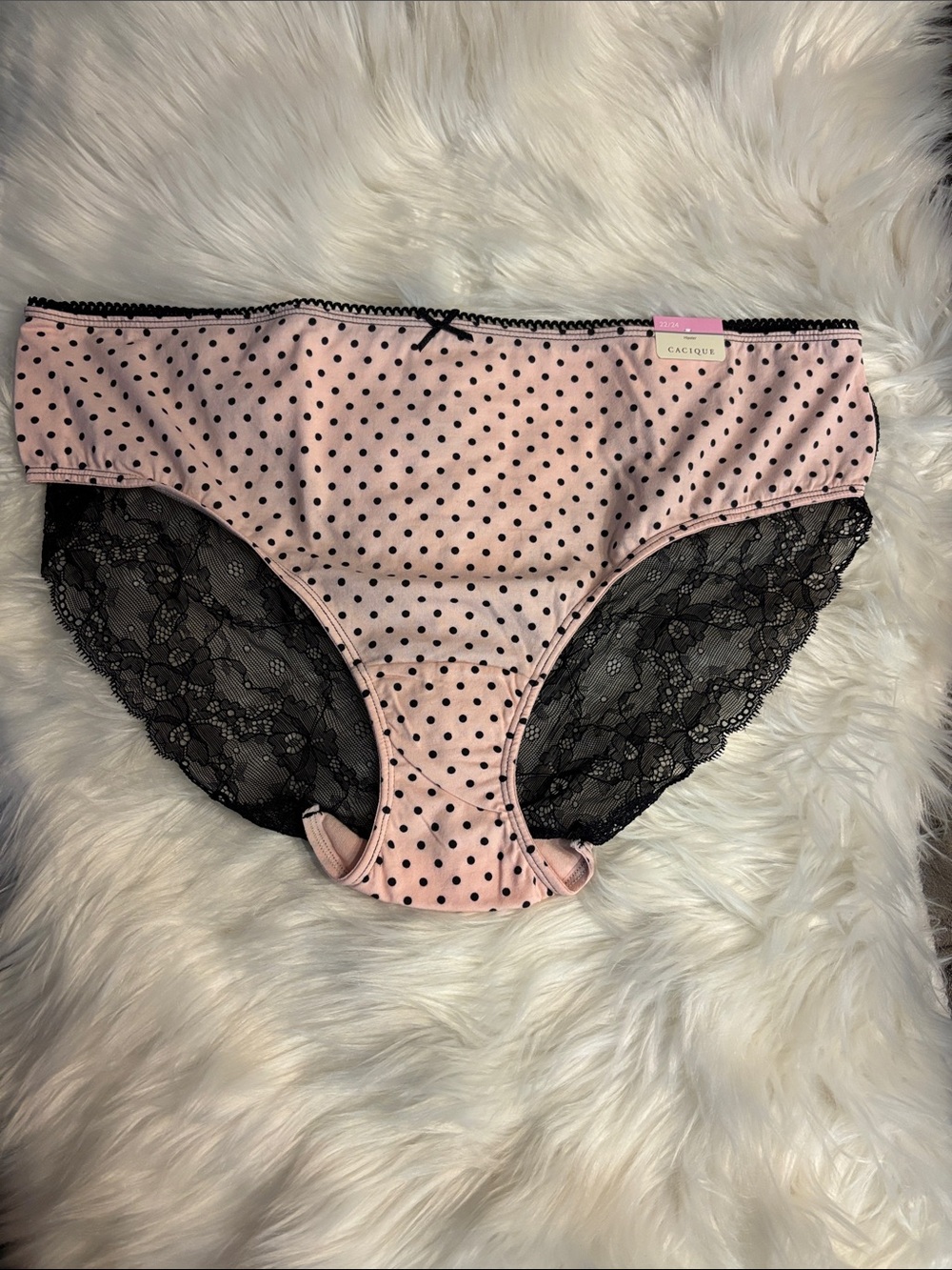 Cacique Pink Polka Dot Hipster with Black Lace Trim